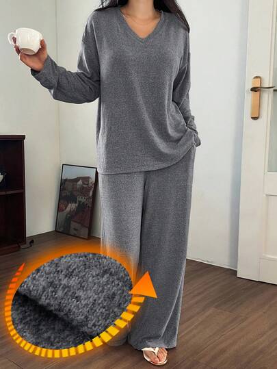 DAZY Women's Simple Brushed Knit Loose Long Sleeve Top And Pants 2 Pieces Pajama Set, Autumn/Winter