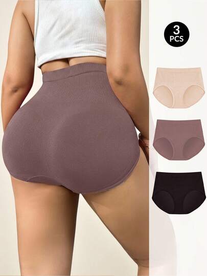 SHEIN 3pcs Women Plus Size Tummy Control Flat Belly Sheath Slimming Seamless Butt Lifter Shapewear Panties Solid Color Geometric Ribbed High Elastic Body Shaping Brief Underwear