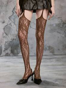 ROMWE Fairycore 1 đôi tất lưới jacquard màu trơn kiểu dáng gợi cảm, tất ren nâu cổ điển có dây đeo, quần tất mỏng co giãn họa tiết hoa gợi cảm. - màu nâu - Xem 3