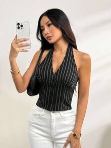 SHEIN PETITE Women Cotton Striped Stand Collar Single-Breasted Vest Thin Blazer In Fall/Winter - Black - View 8