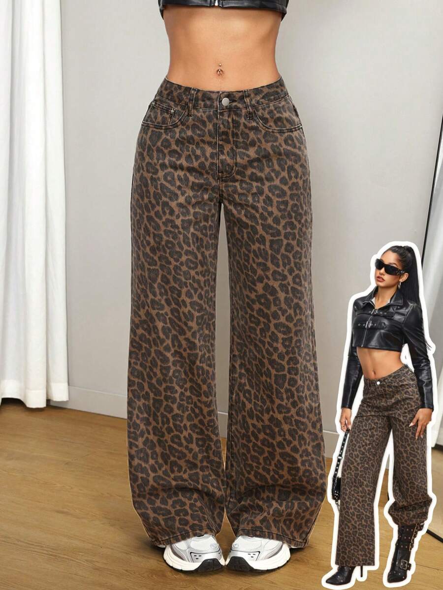 SHEIN Tall 时尚休闲豹纹阔腿直筒女式牛仔裤 - 棕色 - 查看 1