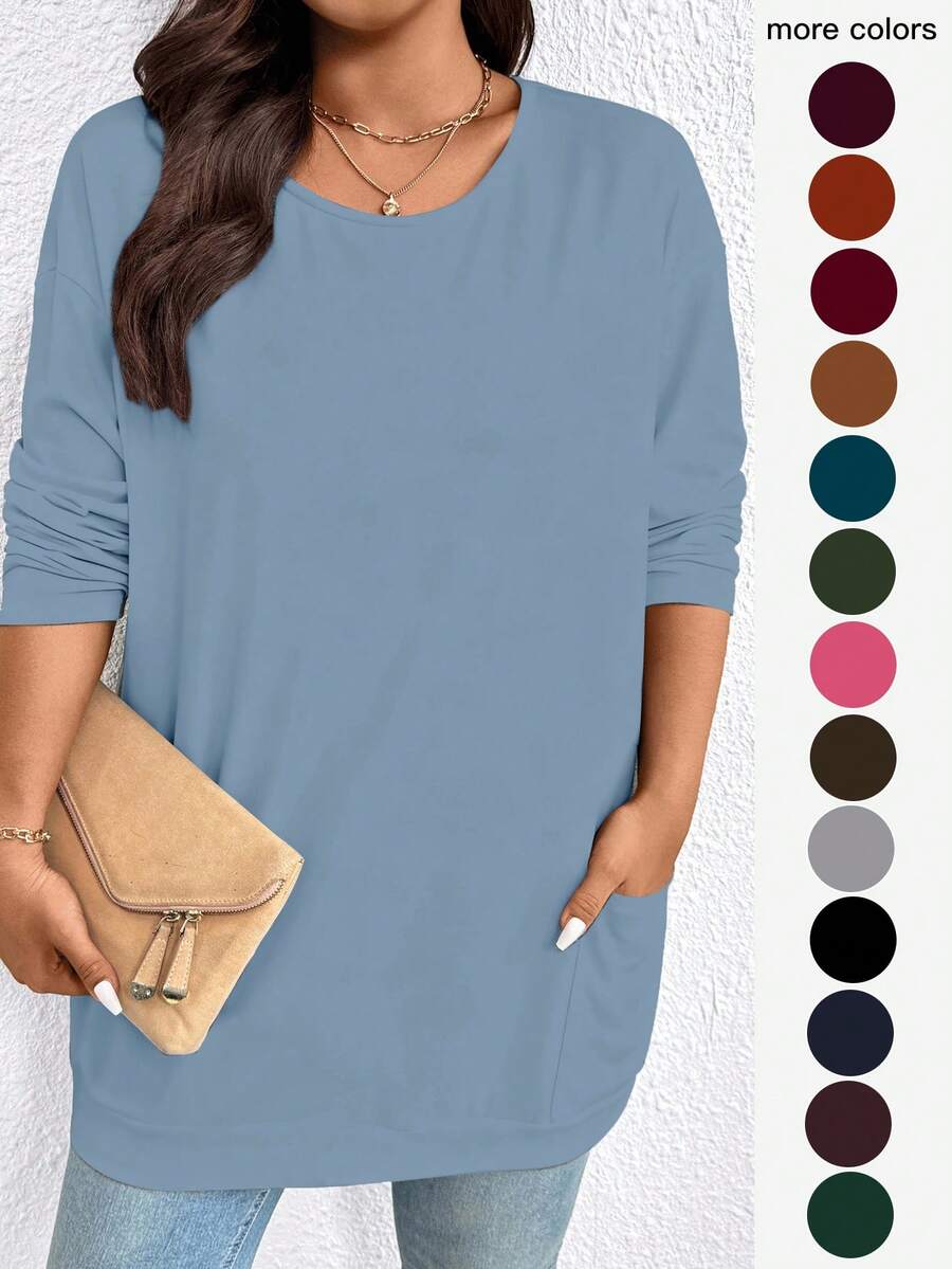EMERY ROSE Plus Size Casual Solid Color Double Pocket T-Shirt, Versatile For Autumn - Blue - View 1