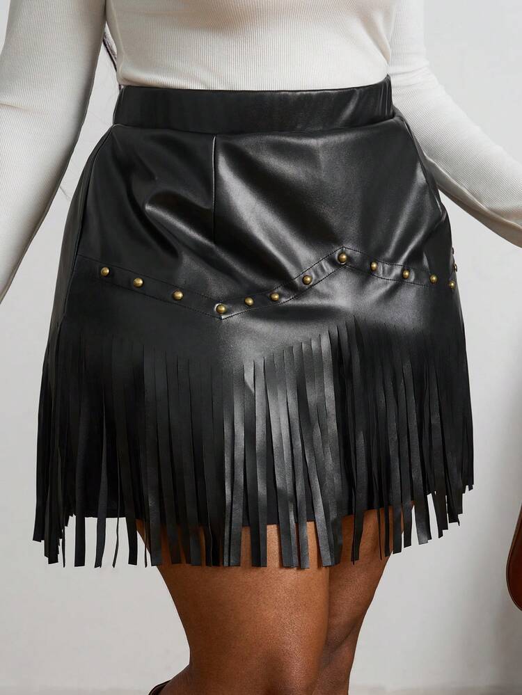 SHEIN PETITE CURVE Gonna a-line in camoscio nero vintage hippie con borchie e frange, gonna autunnale, stile nashville, gonna da pirata, taglie forti - nero - Visualizzare 4