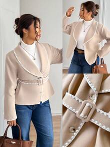 Lounesse 女士大码通勤休闲犬牙撞色披肩领收腰西装外套（秋冬款） - 駝色 - 查看 3