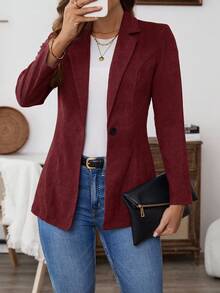 EMERY ROSE 女式纯色翻领长袖单扣休闲西装外套 - 酒紅色 - 查看 6