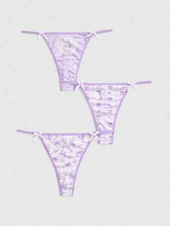 3 pezzi/set Slip donna con stampe kawaii di farfalle, fiori, conigli e ciliegie con fiocco decorativo