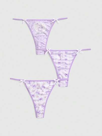 3pcs/Set Kawaii Butterfly, Floral, Rabbit & Cherry Print Bow Decor Women's Thong Panties