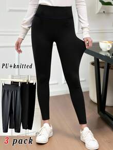 SHEIN Tween Girls Casual Versatile Simple Elegant High Waist Slim Fit PU Plus Stretch Knit Solid Black Leggings Three-Pack, Buy 1 Get 2 Free, Suitable For Autumn Winter Casual Daily Wear - Black - View 3