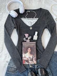 SHEIN Teen Girls Gray Striped Contrast Lace T-Shirt