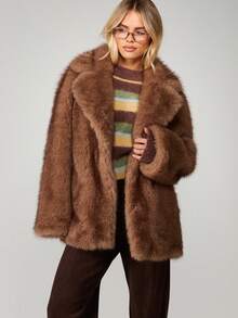 MISSGUIDED Luxurious Faux Fur Coat Winter Outerwear Open Front Plush Long Sleeve Oversized Brown Teddy Jacket - Brown - View 1