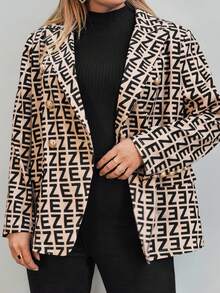 SHEIN Privé 大码女式秋季字母印花翻领长袖金属双排扣休闲西装外套 - 彩色 - 查看 5