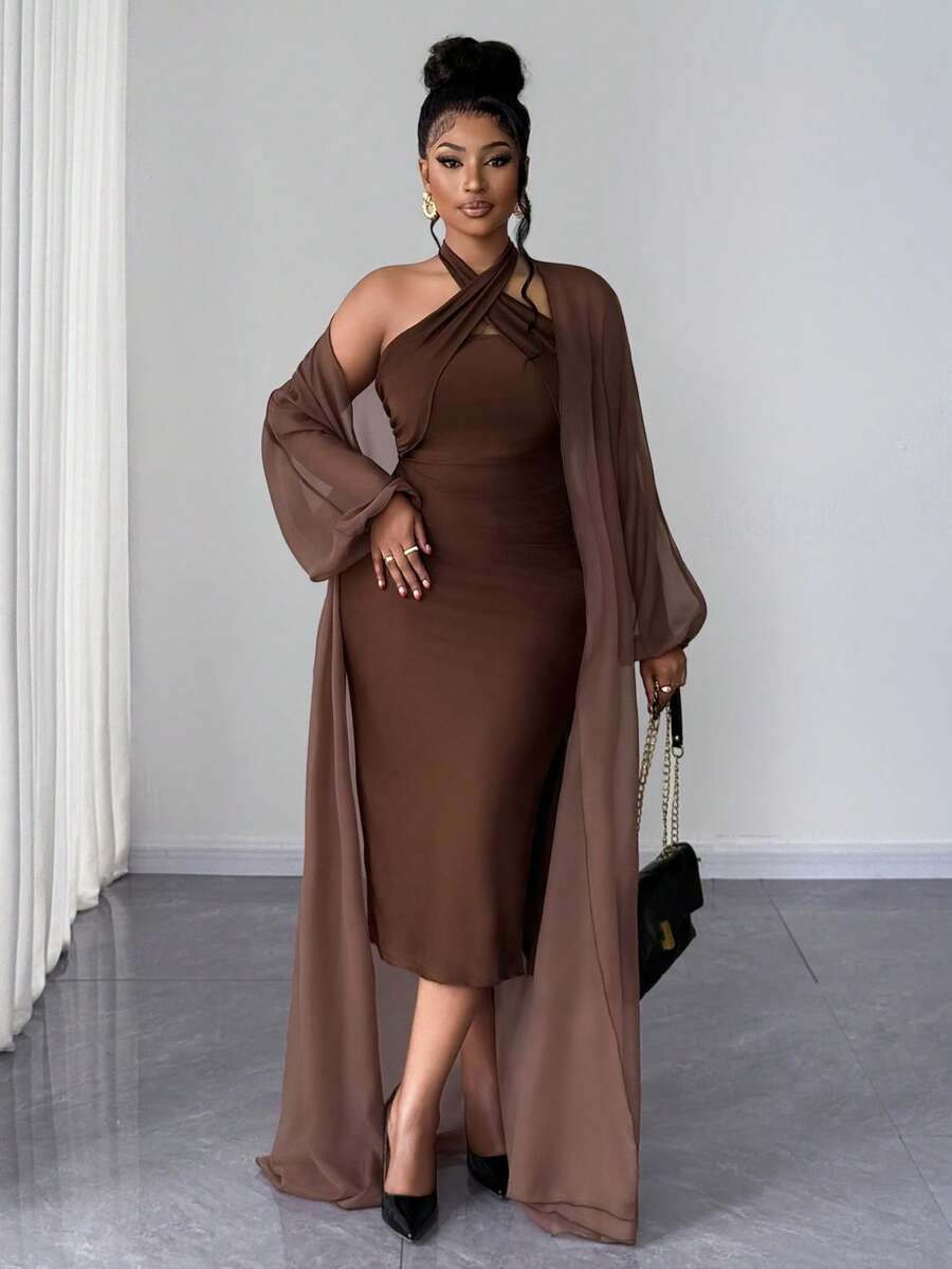 Maweii Bộ 2 món cỡ lớn: Đầm yếm trơn màu & Áo khoác cardigan dài tay - màu nâu - Xem 1