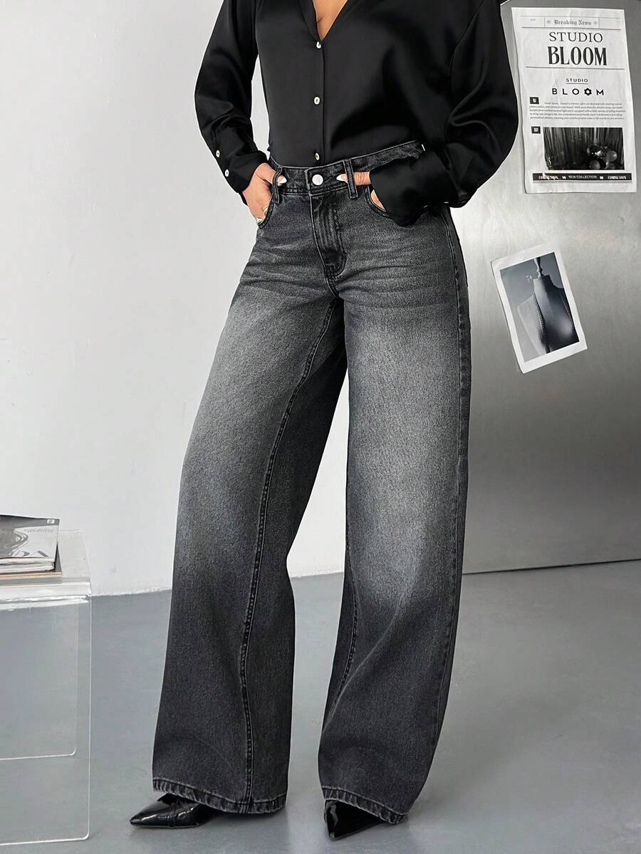 EURMUSE Women's Jeans Women's Casual Low Waist Snow Wash Wide Leg Jeans 2000s Style Black Jeans - Grey - View 1