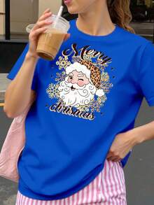Camiseta playera tshirt estampada mujer cuello redondo manga corta casual cómoda diario gráfico navideño Santa Claus animal print merry christmas copos de nieve Navidad - Azul real - Ver 1