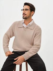 Manfinity CityGents 男士纯色长袖高领休闲毛衣，秋冬米色男士纽扣针织Polo衫，男士针织Polo衫 - 卡其色 - 查看 1