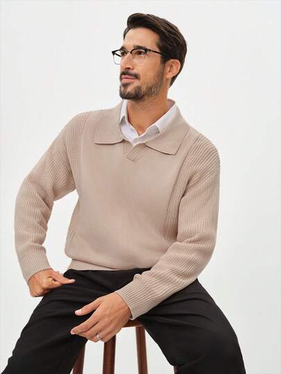 Manfinity CityGents Men's Solid Color Polo Neck Long Sleeve Casual Sweater, Autumn/Winter Beige Men Buttoned Knitted Polo Men Knitted Polo Sweater