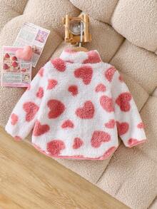 Toddler Girls' Cute & Fashionable Pink Heart Print Fluffy Casual Thick Jacket, Autumn/Winter - Pink - View 2