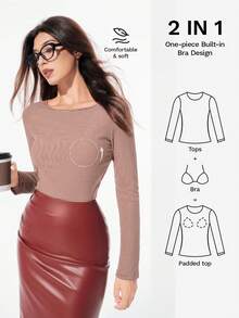 Nuvra 女士常规条纹印花舒适罗纹面料长袖吊带衫 - 杏色 - 查看 1