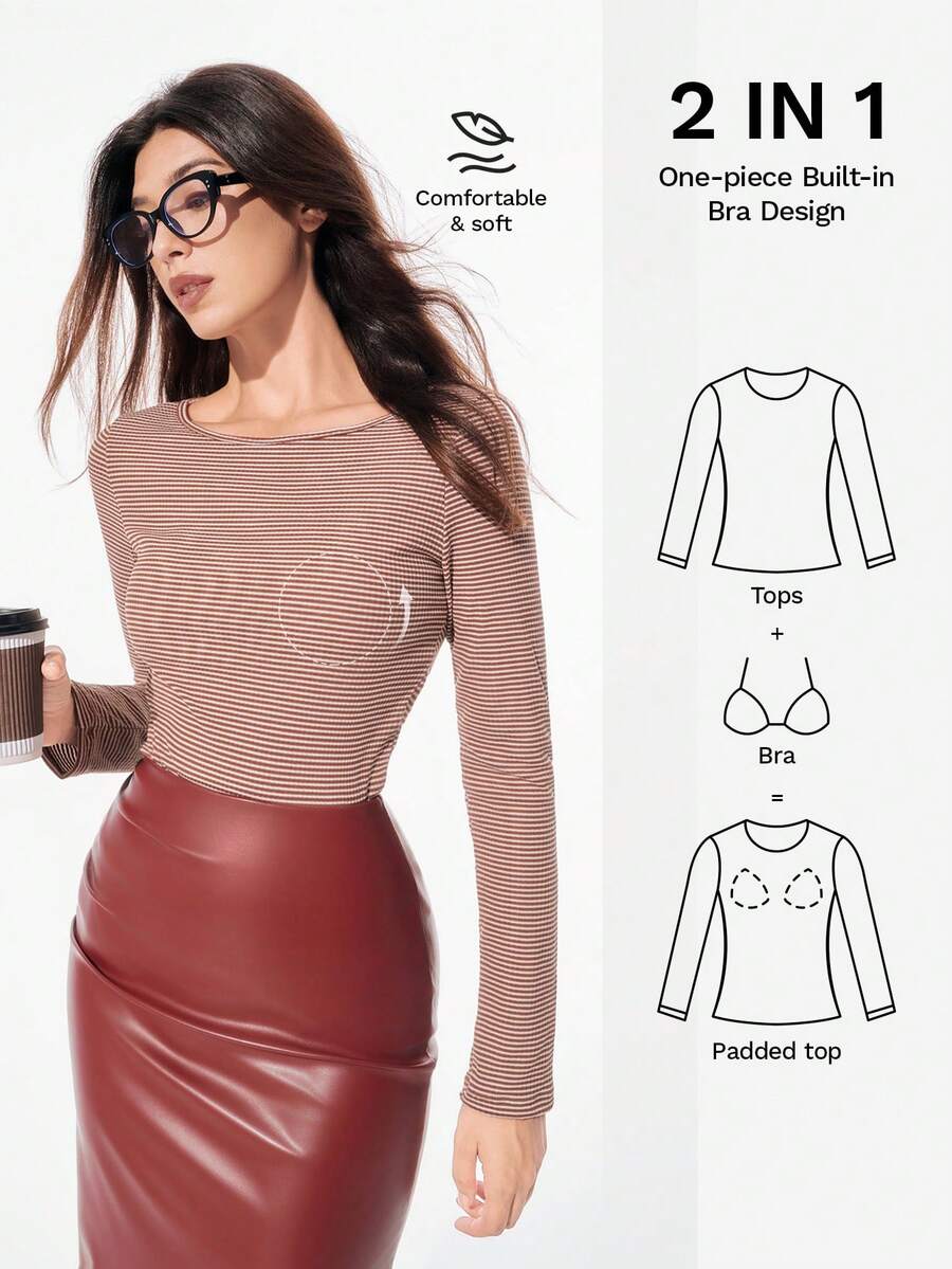 Nuvra 女士常规条纹印花舒适罗纹面料长袖吊带衫 - 杏色 - 查看 1