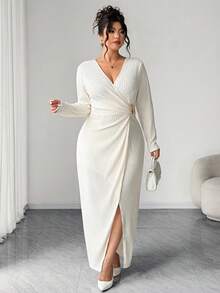 Elenzga 大码女式优雅不对称领金属装饰腰部长袖开衩连衣裙，适合外出、开学季、优雅聚会、秋冬季穿着。 - 杏色 - 查看 6