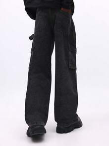 SUMWON Carpenter Baggy Jeans With Utility Pockets Relaxed Fit Wide Leg Denim Casual Streetwear Winter Style Plain - Black - View 3