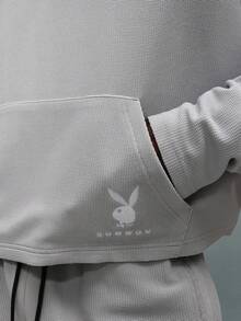 PLAYBOY X SUMWON Cropped Waffle Knit Hoodie With Drawstring And Embroidered Details For Casual Comfort Style - Grey - View 6