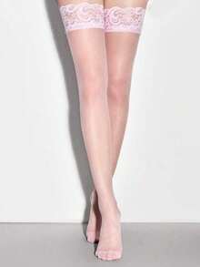 ROMWE Anime 2双可爱款式宽边蕾丝过膝袜，性感黑粉色学院风袜子，超薄弹力透气丝袜 - 黑粉色 - 查看 4
