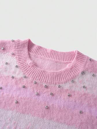 Street Life Men's Rhinestone Decor Distressed Colorblock Striped Crew Neck Long Sleeve Sweater