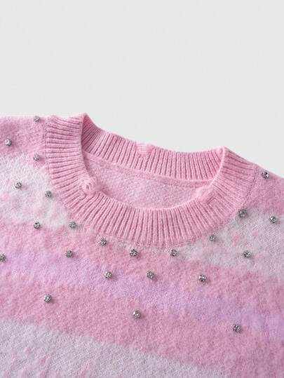 Street Life Men's Rhinestone Decor Distressed Colorblock Striped Crew Neck Long Sleeve Sweater