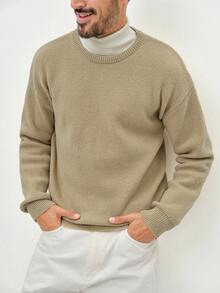 Manfinity CasualKnits Áo len dài tay cổ tròn họa tiết chữ thường dành cho nam, mùa thu/đông - Vàng nhạt - Xem 3