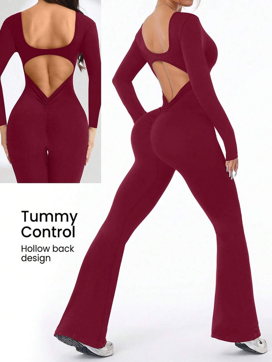 SHEIN Sports 无缝高弹力后背 V 形提升运动连体裤 - 酒紅色 - 查看 1