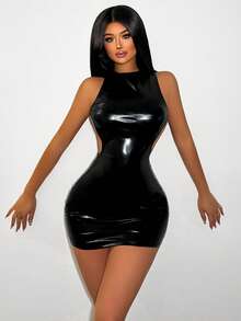 VaVaBold 女士纯色仿皮镂空露背圆领无袖修身迷你连衣裙 PU 皮革女装 - 黑色 - 查看 5
