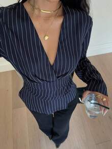 Siren Gaze New Autumn And Winter Waist Striped Long-Sleeved Shirt, Navy Blue Old Money Style Fashionable Commuter Shirt For Women,Fall,Fall Clothes For Women Elegant Spring