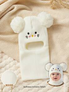 Cozy Pixies 1个黑色带绒球的拉法帽，新生儿滑雪面罩，幼儿针织帽，双球设计，男女宝宝通用，儿童冬季保暖帽，儿童针织帽 - 白色 - 查看 2