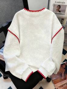 INAWLY Casual Loose Contrast Color Off-Shoulder Long Sleeve Sweatshirt - Light Grey - View 2