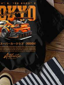 男婴休闲宽松舒适复古汽车、卡通、涂鸦、英文字母印花短袖上衣，适合夏季穿着