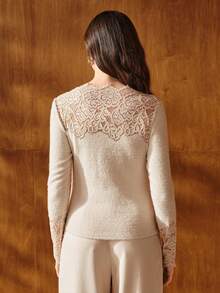 Anewsta Maglietta aderente da donna con scollo asimmetrico e maniche lunghe con dettagli traforati, autunnale - Albicocca - Visualizzare 4