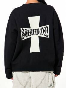 SUMWON WOMEN Oversized Crew Neck Knit Sweater With Cross Graphic Design For Fall Winter Casual Wear - Black - View 4