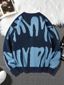 Manfinity Roghcode Men's Letter Pattern Long Sleeve Single-Breasted Casual Knit Cardigan, Autumn/Winter - Navy Blue - View 2