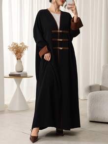 Al Najma Women's Fashionable & Elegant Contrast Trim Arabic Abaya Winter Open Abaya Abayas Muslim Women Black Kimono Luxury Abayas Abayas Dubai Abayas Dubai Luxury Butterfly Abaya - Black - View 5