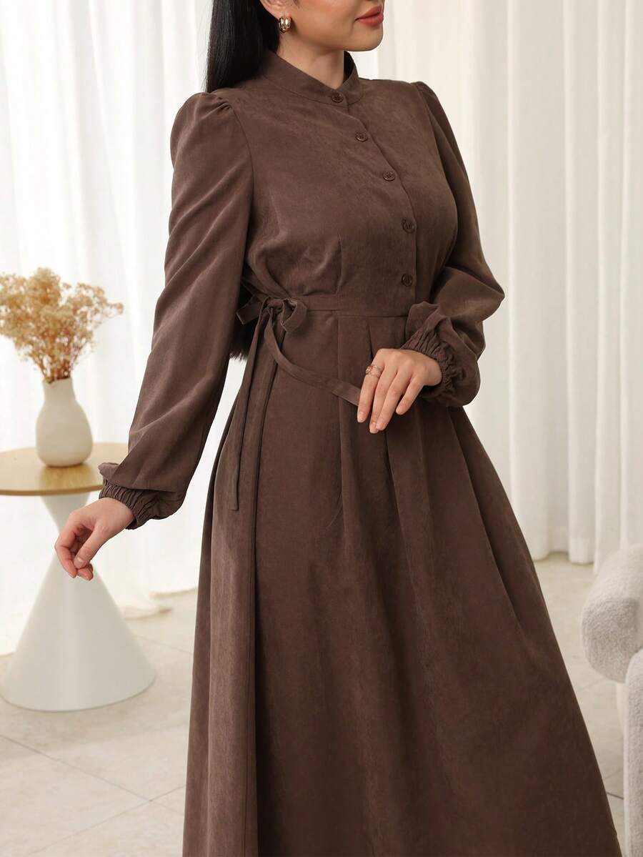 Al Najma Women's Elegant Commuter Solid Color Lantern Sleeve Arabic Dress Elegant Dress Women Chocolate Brown Dress Dark Brown Dress Modest Brown Dress Elegant Brown Dress Long Sleeve Brown Dress