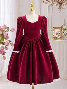 SHEIN Rochie de Crăciun cu imprimeu de ren din catifea, talie roșie, evazată, pentru fete, toamnă/iarnă - Burgundia - Vizualizare 4