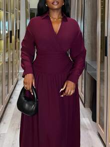 Xyvia Đầm maxi dài tay chữ A cổ chữ V tay trễ vai xếp nếp cổ chữ V tay dài cho nữ, màu đỏ Angora, thanh lịch và tinh tế, phù hợp cho văn phòng, đi làm, công sở, thường ngày, phong cách đường phố cổ điển, đa năng, lễ tạ ơn, trà chiều, tiệc tùng, trở lại trường, xuân/thu/đông - Màu Tím - Xem 4