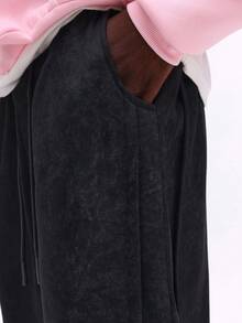 SUMWON 宽松抽绳运动裤，侧边口袋设计，休闲日常舒适居家服，纯色款 - 黑色 - 查看 7