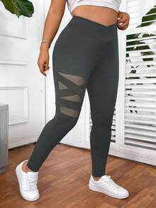 SHEIN PETITE CURVE 大码女式纯色基础日常打底裤 - 灰色 - 查看 4