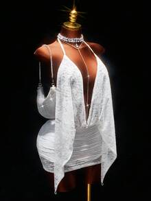 Amplova Đầm ôm sát mini cổ khoét sâu đính đá lấp lánh - trắng - Xem 7