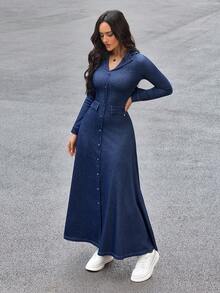 Flexra Women's Lapel NeckLong Sleeve Single-Breasted Casual Denim Dress - Blue - View 4