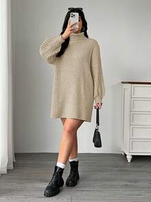 SHEIN EZwear 大码高领宽松粗针织灯笼袖毛衣连衣裙，秋冬款 - 杏色 - 查看 1