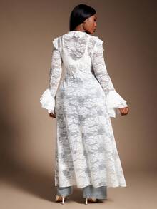 SHEIN SXY Plus Size Women Sexy Sheer Lace Elastic Blouse With Elegant Ruffle Trim Design, Suitable For Outerwear And Layering, Enriching Your, Streetwear, Going Out, Date Night, Fashionable, Lace Women Lace Cover Up Lace Kimono,Suitable For Leisure,Street Style,Western Wear,Music Festival,Vintage,Minimalism,Concert,Carnival Party - White - View 7