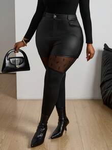 SHEIN CURVE+ 女士加大码，情人节，黑色紧身裤，黑色网眼拼接打底裤，休闲日常穿着，简约时尚，春夏服装 - 黑色 - 查看 5